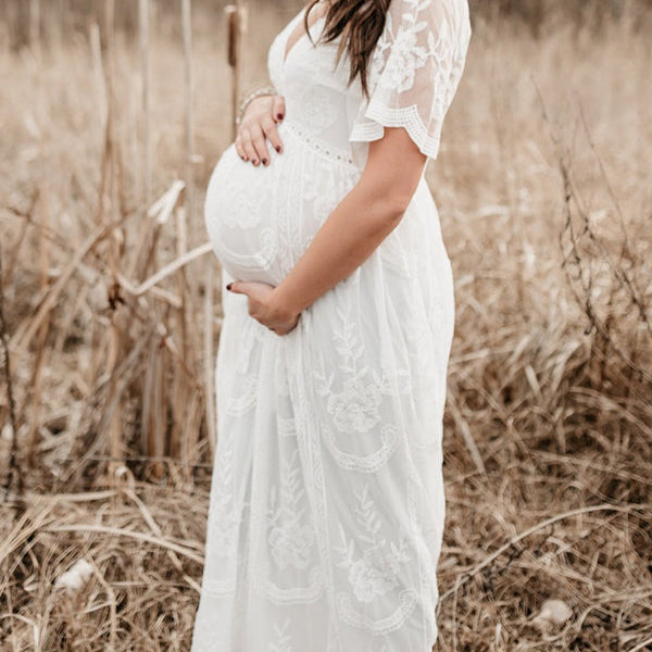 Mumsmode Zwangerchaps Maxi Fotoshoot Jurken Elegant Kanten Borduursel Golvende rand Wit