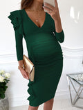 Mumsmode Zwangerchaps Elegant Basis Ruches Bodycon Gekreukt V-hals Midi Jurken