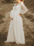 Mumsmode Zwangerchaps Fotoshoot Jurken Maxi Babyshower Riem Lange Mouw V-hals Wit