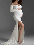 Mumsmode Zwangerschap Fotoshoot Babyshower Jurken Off Shoulder Zijsplit Bodycon Jurken