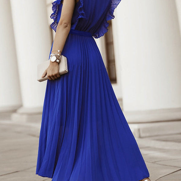 Blauw zwangerschaps maxi jurk met ruches, riem, geplooid design en elegante pasvorm voor dagelijks gebruik.