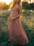 Mumsmode Zwangerschaps Fotoshoot Boheems Elegant Ruche Off Shoulder Gedrapeerd Maxi Jurk